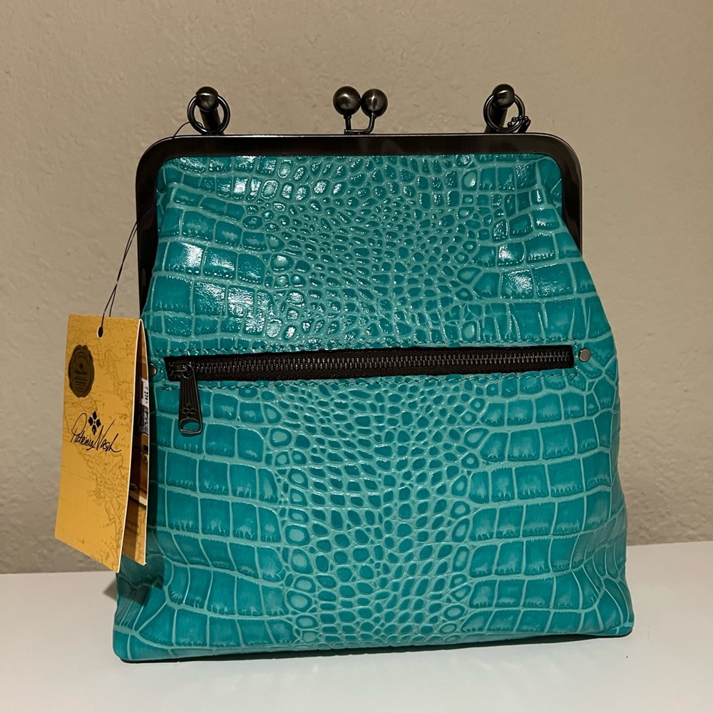 Patricia Nash Leather Novella Frame Bag w/ Extra Strap Aqua Croc